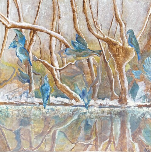 Bluebirds at the Winterlake de Andrea Grube, Pintura a la venta en Singulart