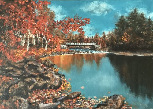 Bridge at the autumn lake di Iryna Budai, Pittura in vendita su Singulart