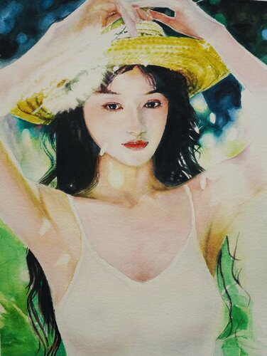 Girl with Straw Had & Reed Flower van Qingzhu Lin, Schilderij te koop op Singulart