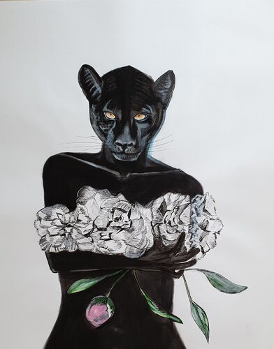 Panther loves Peonies. van Galyna Antonenko, Werk op papier te koop op Singulart