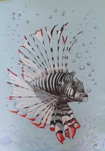 The Lionfish's Flight Through a Scattering of Cristal Air Pearls. by Galyna Antonenko, 紙面作品 for Sale on Singulart