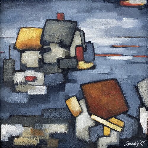 Silence in Blue with Red Door di Sjoddy, Pittura in vendita su Singulart