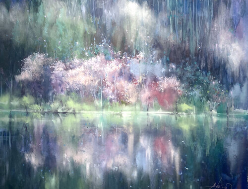 灰桜・妖艶　Gray Shining Cherry Blossoms: Alluring di Akira MURATA, Pittura in vendita su Singulart