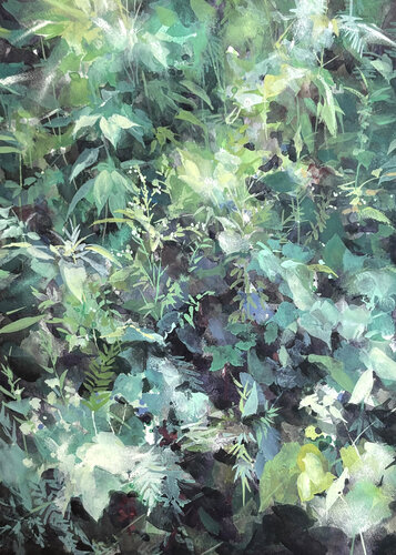 The whispers of rustling leaves, swaying in the wind and light di Akira MURATA, Pittura in vendita su Singulart