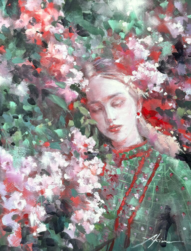When she hear the voices of blooming flowers di Akira MURATA, Pittura in vendita su Singulart