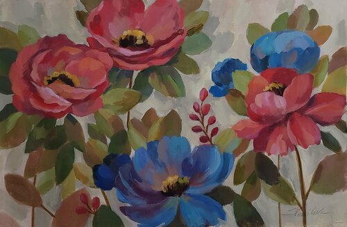 Coral and Blue Flowers van Silvia Vassileva, Schilderij te koop op Singulart