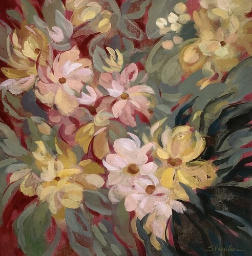 Magenta and Sage Floral van Silvia Vassileva, Schilderij te koop op Singulart