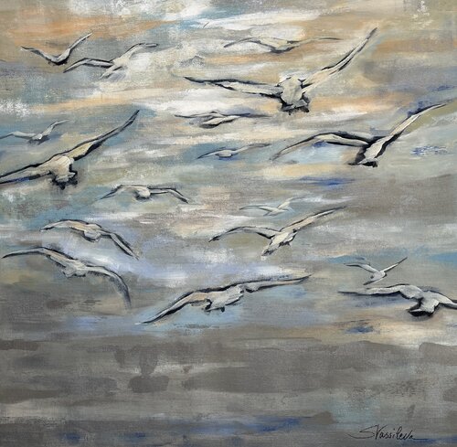 Birds and Wispy Clouds de Silvia Vassileva, Pintura a la venta en Singulart
