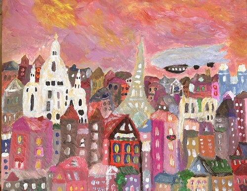 Paris im Naiven Stil mit Zeppelin de Steven Elijah Neuhaus, Pintura a la venta en Singulart