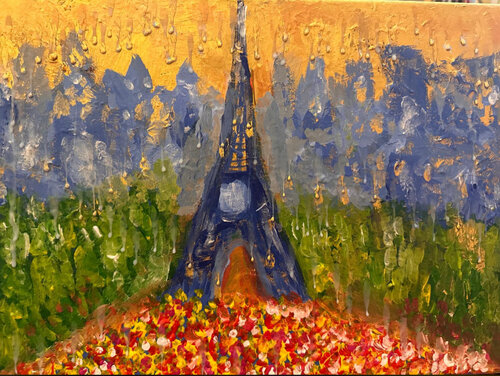 Blühender Eifelturm im Goldregen di Steven Elijah Neuhaus, Pittura in vendita su Singulart