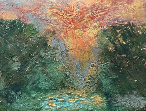 Goldene Waldlichtung lichter spiegeln sich im Teich van Steven Elijah Neuhaus, Schilderij te koop op Singulart