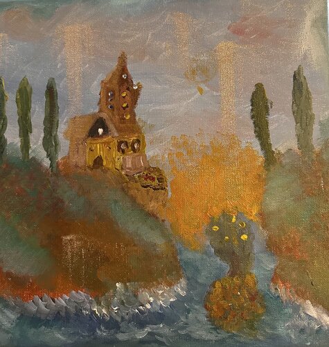 Chåteau de la Roche-Guyon im Goldenen Niselregen in der Bretange di Steven Elijah Neuhaus, Pittura in vendita su Singulart