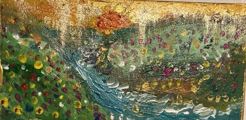 Kleine Landschaft im meere mit goldenem Schimmer und Blumen de Steven Elijah Neuhaus, Pintura a la venta en Singulart
