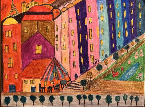 Pariser Stadtteil im naiven Stil par Steven Elijah Neuhaus, Peinture en vente sur Singulart
