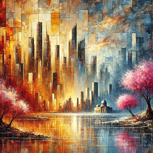 Stadt an der See mit Blumen van Steven Elijah Neuhaus, Schilderij te koop op Singulart