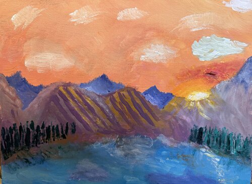 Bergsee im Sonnenuntergang van Steven Elijah Neuhaus, Schilderij te koop op Singulart
