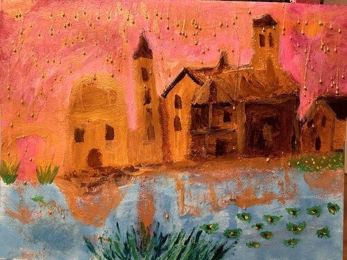 Das Dorf am Fluss im Goldregen mit Wachs van Steven Elijah Neuhaus, Schilderij te koop op Singulart
