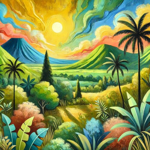 Naive digitale Landschaft physisch nachbearbeitet van Steven Elijah Neuhaus, Schilderij te koop op Singulart