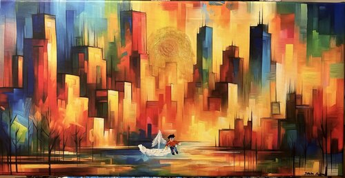 Die große Stadt und der kleine Traumfänger Mixed Media Werk Digital und physische Malerei Unikat von Steven Elijah Neuhaus, Malerei kaufen auf Singulart