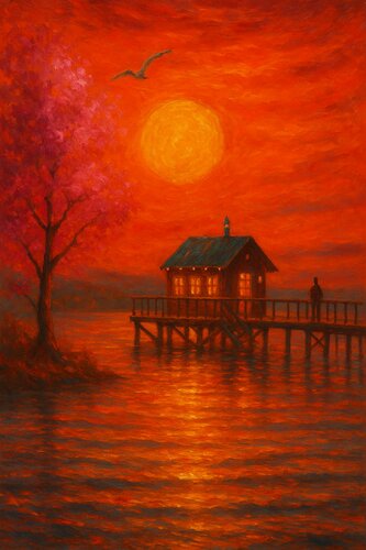 Das Haus am See der brennenden Abendsonne di Steven Elijah Neuhaus, Pittura in vendita su Singulart