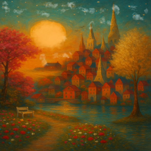 Die Stadt am Fluss des blütenmeers Mixed Media von Steven Elijah Neuhaus, Malerei kaufen auf Singulart