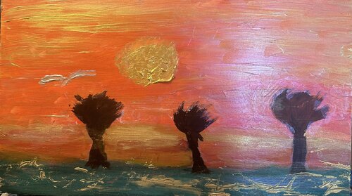 Golden Sunset ocean World (naive Kunst auf Holz) de Steven Elijah Neuhaus, Pintura a la venta en Singulart