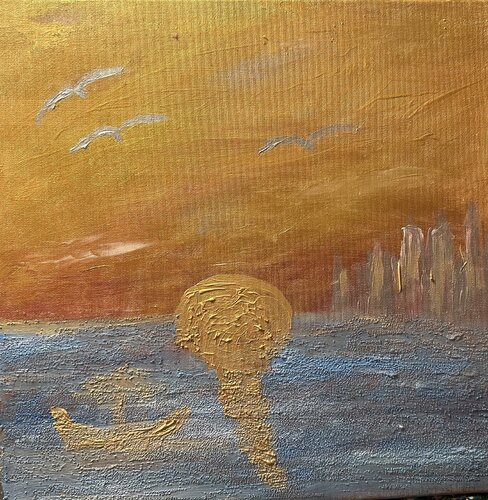 Die silberne Stadt im ruhebdebnmeer das Gold und Zufriedenheit erscheint van Steven Elijah Neuhaus, Schilderij te koop op Singulart