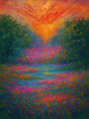 Der Sonnenuntergang im Meer voller Blüten an einer Waldlichtung par Steven Elijah Neuhaus, Peinture en vente sur Singulart