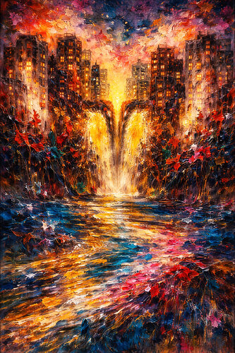 Die Stadt des Farben Wasserfall van Steven Elijah Neuhaus, Schilderij te koop op Singulart