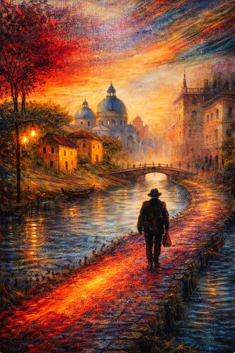 Der Wanderer im Morgen Schein Mixed Media van Steven Elijah Neuhaus, Schilderij te koop op Singulart