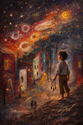 Der Traumfänger und die Geheimnisse einer Stadt Mixed Media de Steven Elijah Neuhaus, Pintura a la venta en Singulart
