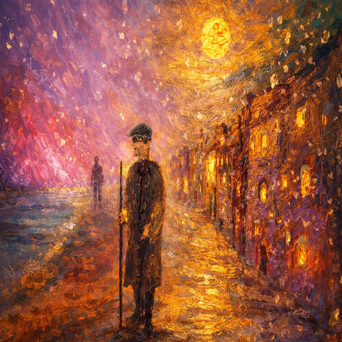 Der Wanderer in einer abstrakten Stadt de Steven Elijah Neuhaus, Pintura a la venta en Singulart