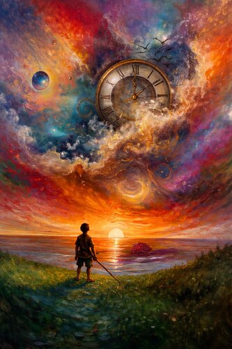 Der Traumfänger und die Uhr der Wahrheit van Steven Elijah Neuhaus, Schilderij te koop op Singulart