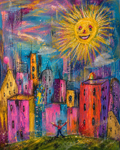 Der kleine Traumfänger und die Stadt der Hoffung van Steven Elijah Neuhaus, Schilderij te koop op Singulart
