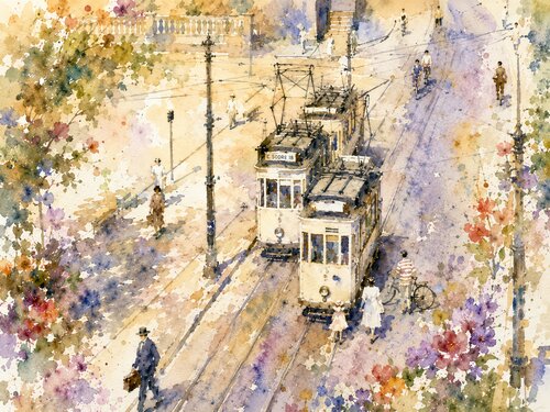 Le Tramway Mixed Media physisch / digital Art auf Leinwand de Steven Elijah Neuhaus, Pintura a la venta en Singulart