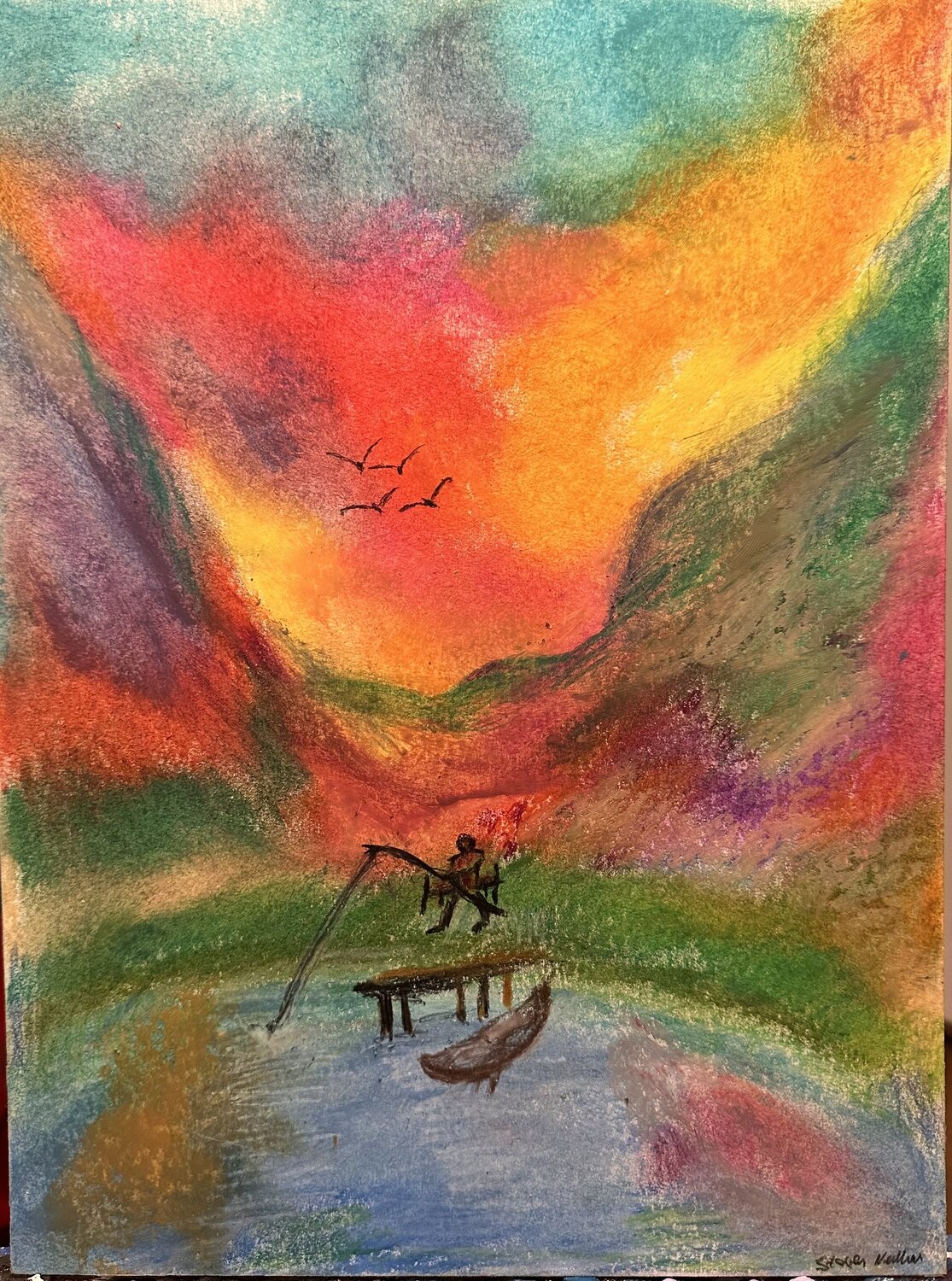 Whispers of Serenity (Fischen am Fjord) Steven Elijah Neuhaus Peinture originale à vendre
