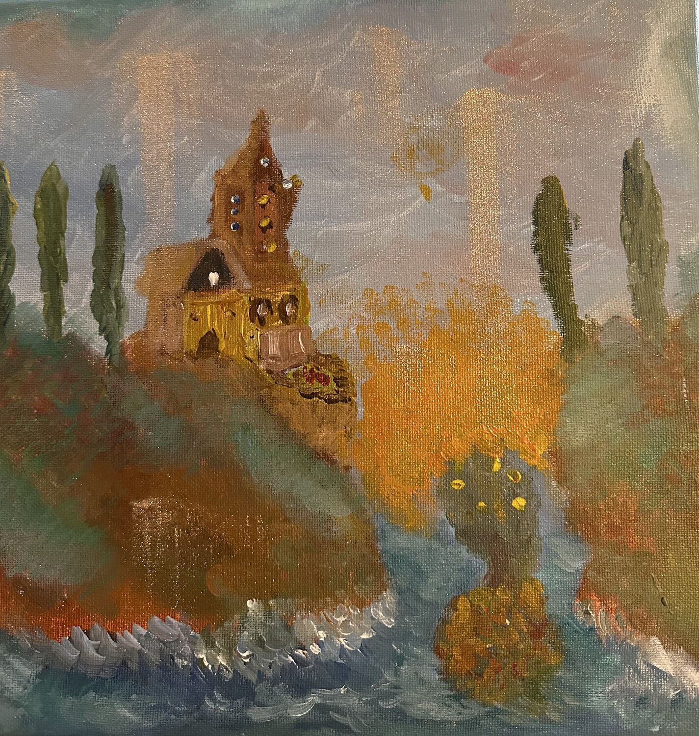 Chåteau de la Roche-Guyon im Goldenen Niselregen in der Bretange Steven Elijah Neuhaus Peinture originale à vendre