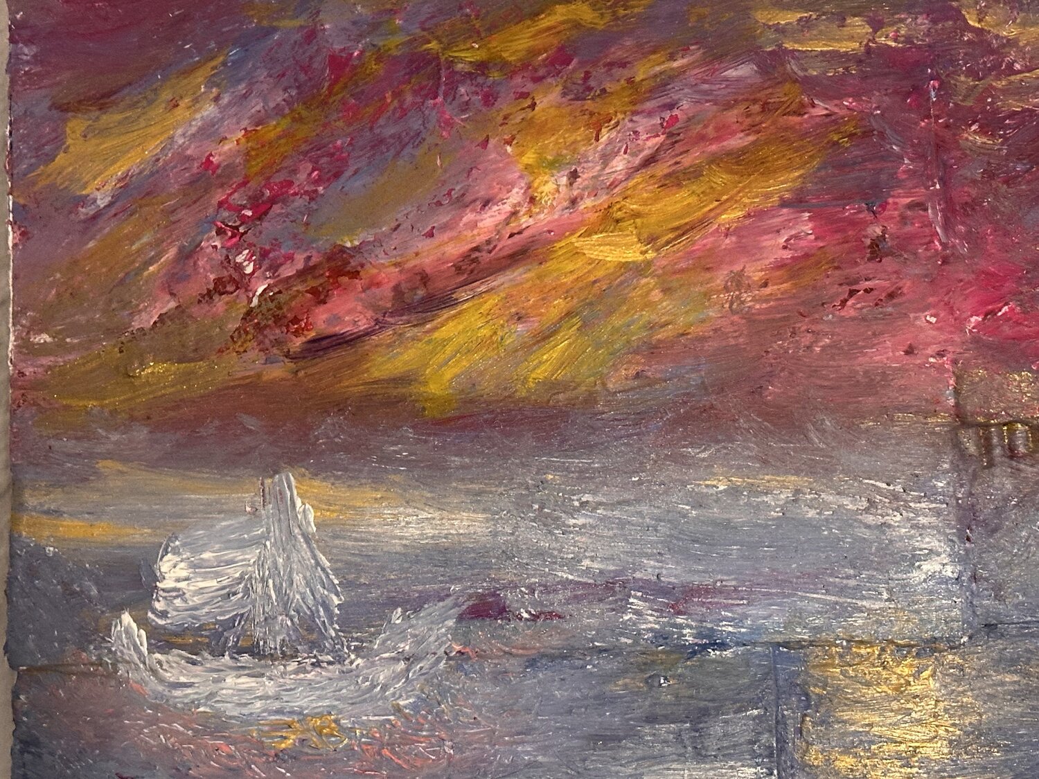 ein Segelboot reist in der Abendröte dem Goldenen Sonnenuntergang entgegen Steven Elijah Neuhaus Peinture originale à vendre