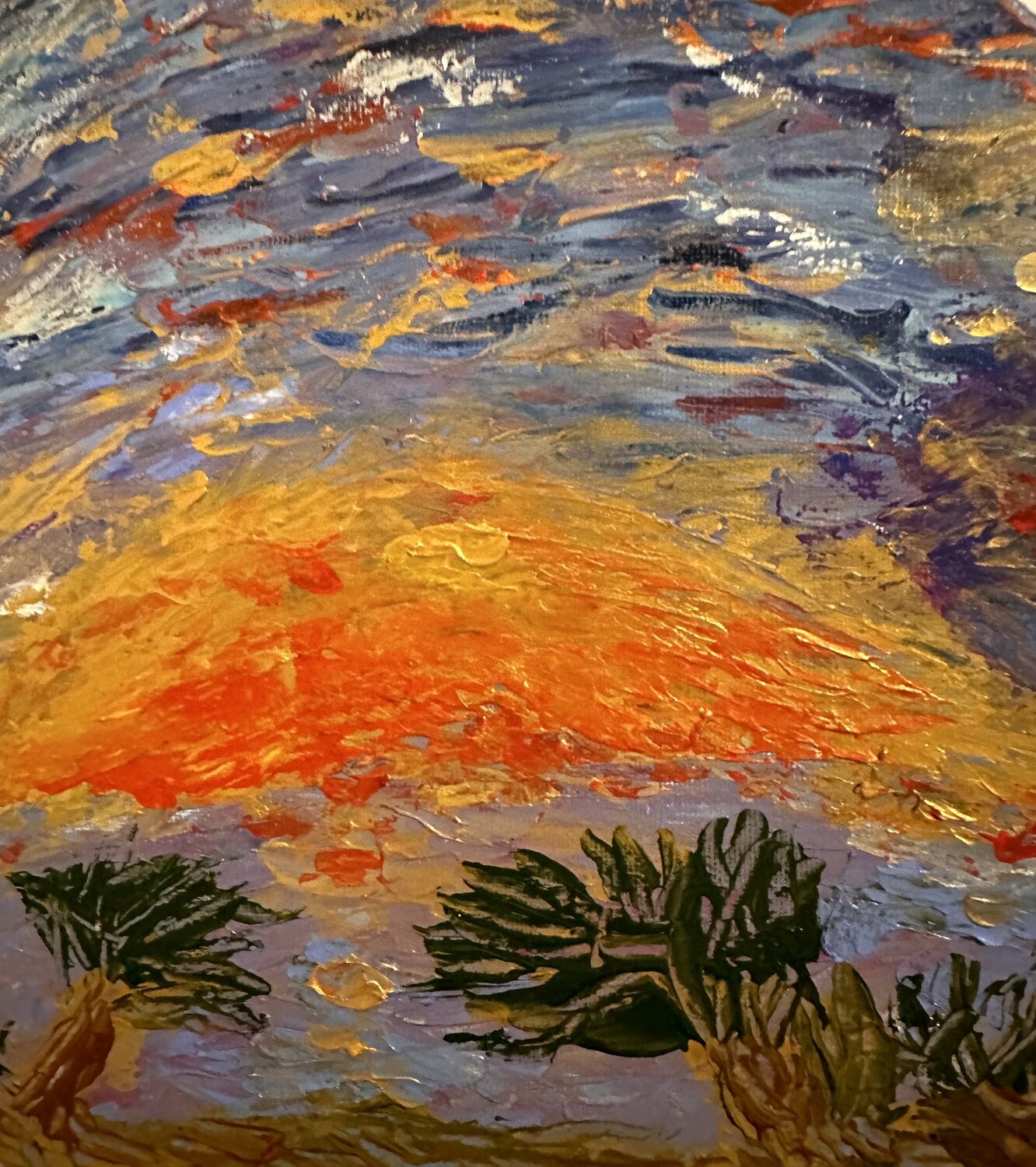 Eine Insel unter Palmen im schein der Abendsonne am Meer Steven Elijah Neuhaus Originalgemälde zu verkaufen