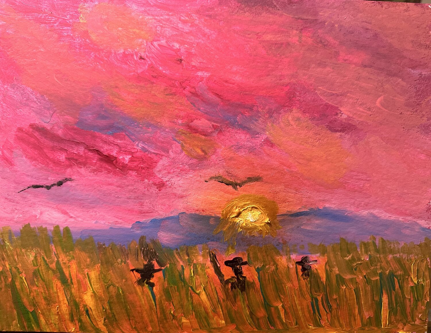 Feldarbeit in der Abendsonne mit Vögel am Horizont Steven Elijah Neuhaus Dipinto originale in vendita