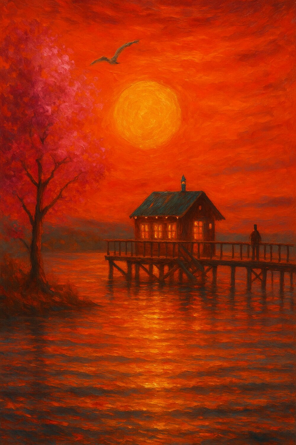 Das Haus am See der brennenden Abendsonne Steven Elijah Neuhaus Originalgemälde zu verkaufen