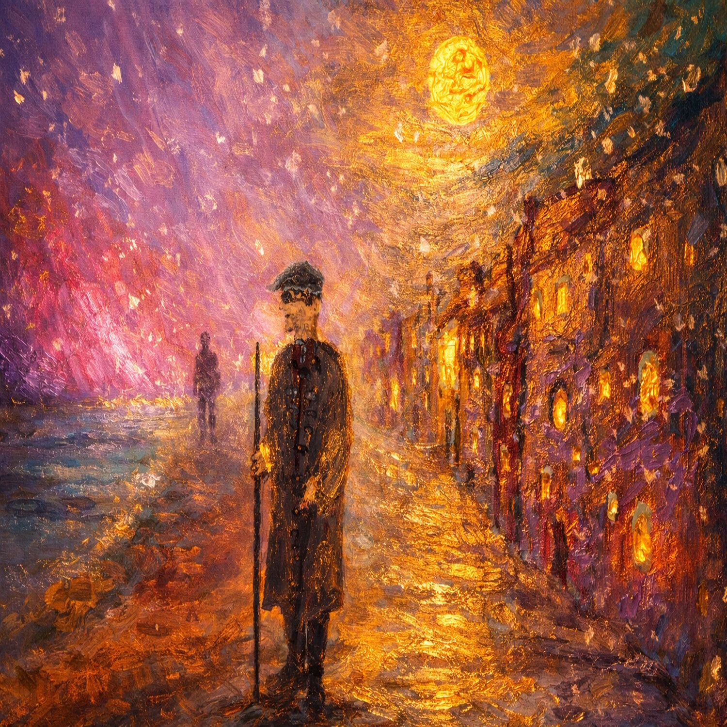 Der Wanderer in einer abstrakten Stadt Steven Elijah Neuhaus Dipinto originale in vendita