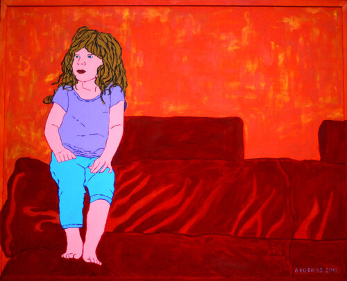 The girl with the red sofa di Aleksandra Łojek-Szymanowska, Pittura in vendita su Singulart