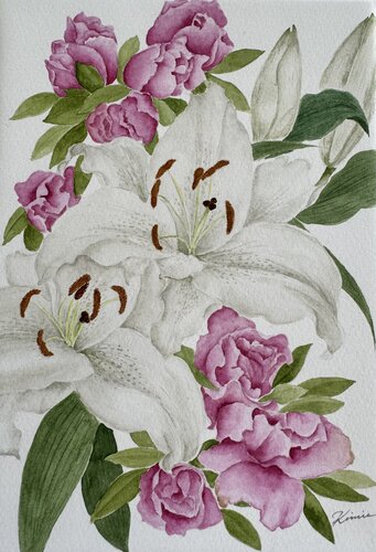 Pink azalea and white lily van Kimie Hanamura, Werk op papier te koop op Singulart