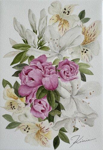 Bouquet of Peruvian lilies and azaleas von Kimie Hanamura, Werk auf Papier kaufen auf Singulart