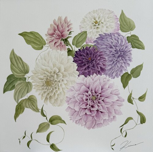 Dahlias van Kimie Hanamura, Werk op papier te koop op Singulart