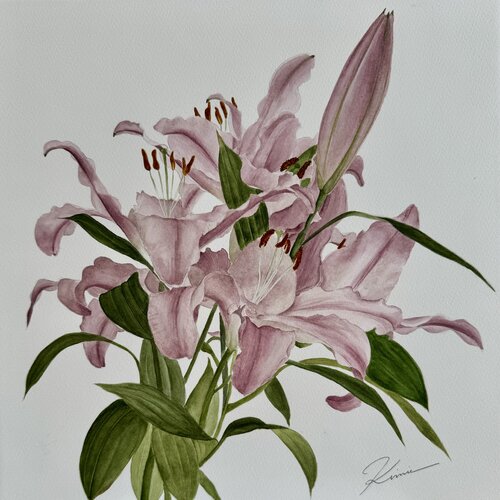 Pink lilies van Kimie Hanamura, Werk op papier te koop op Singulart