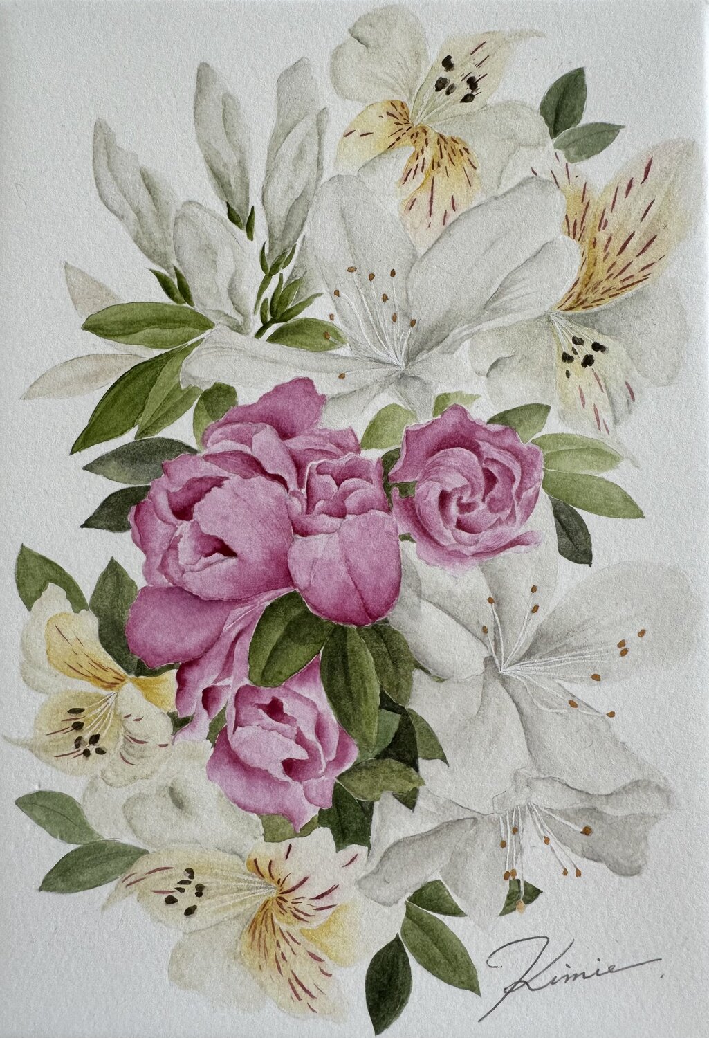 Bouquet of Peruvian lilies and azaleas Kimie Hanamura Werk auf Papier zu verkaufen