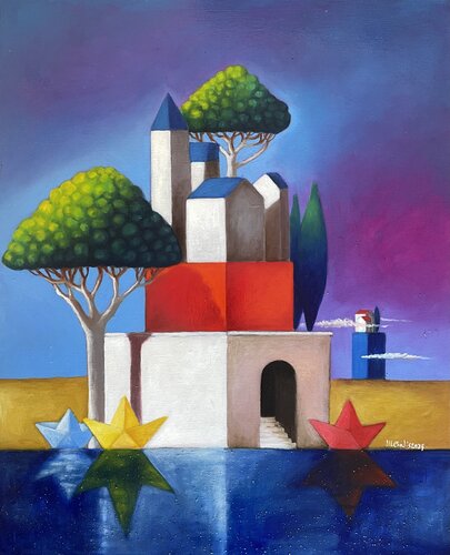 Riflessi sull'acqua (l'isola che non c'è) di Maria Carmen Salis, Pittura in vendita su Singulart