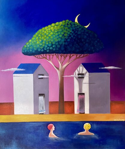 Spicchio di luna con bagnanti di Maria Carmen Salis, Pittura in vendita su Singulart